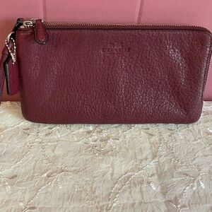 Coach Double Zippered Wallet Wristlet. Burgundy pebbled leather.